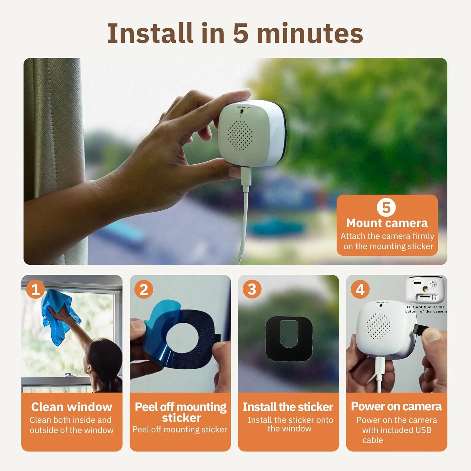 (Include 64G TF Card) 3MP Window Camera Replaces Outdoor Cameras, 2.4/5Ghz Wi-Fi, Full-Color Night Vision through Window